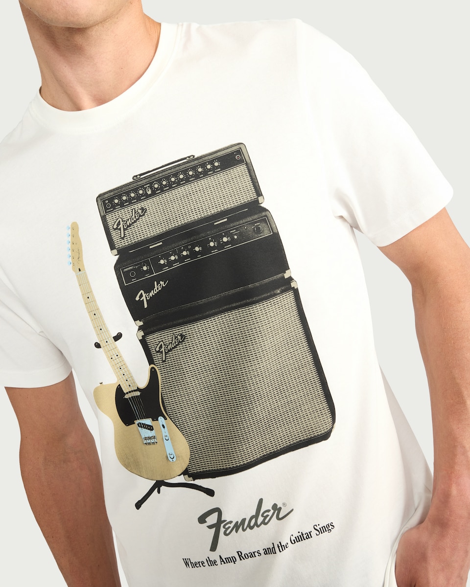 image 1 of Fender Pure Cotton Guitar Print T-Shirt in Ecru