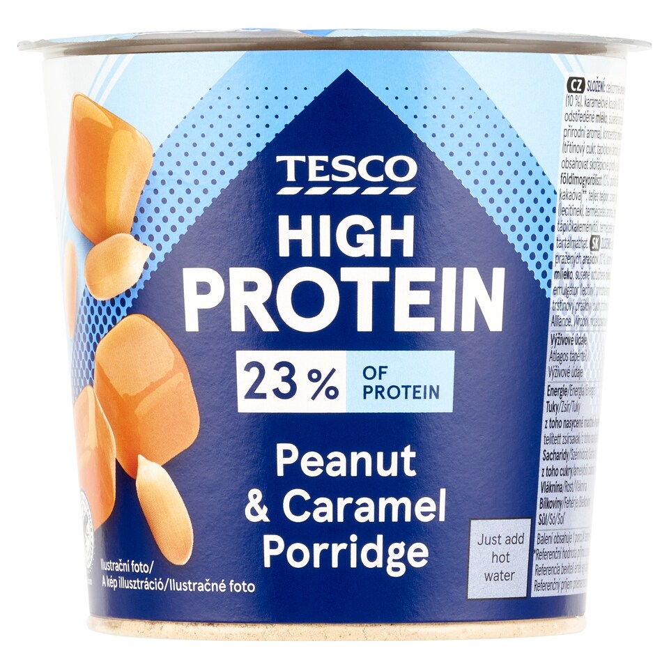 Tesco High Protein instantná arašidová ovsená kaša s kúskami arašidov a karamelovými kúskami 65 g