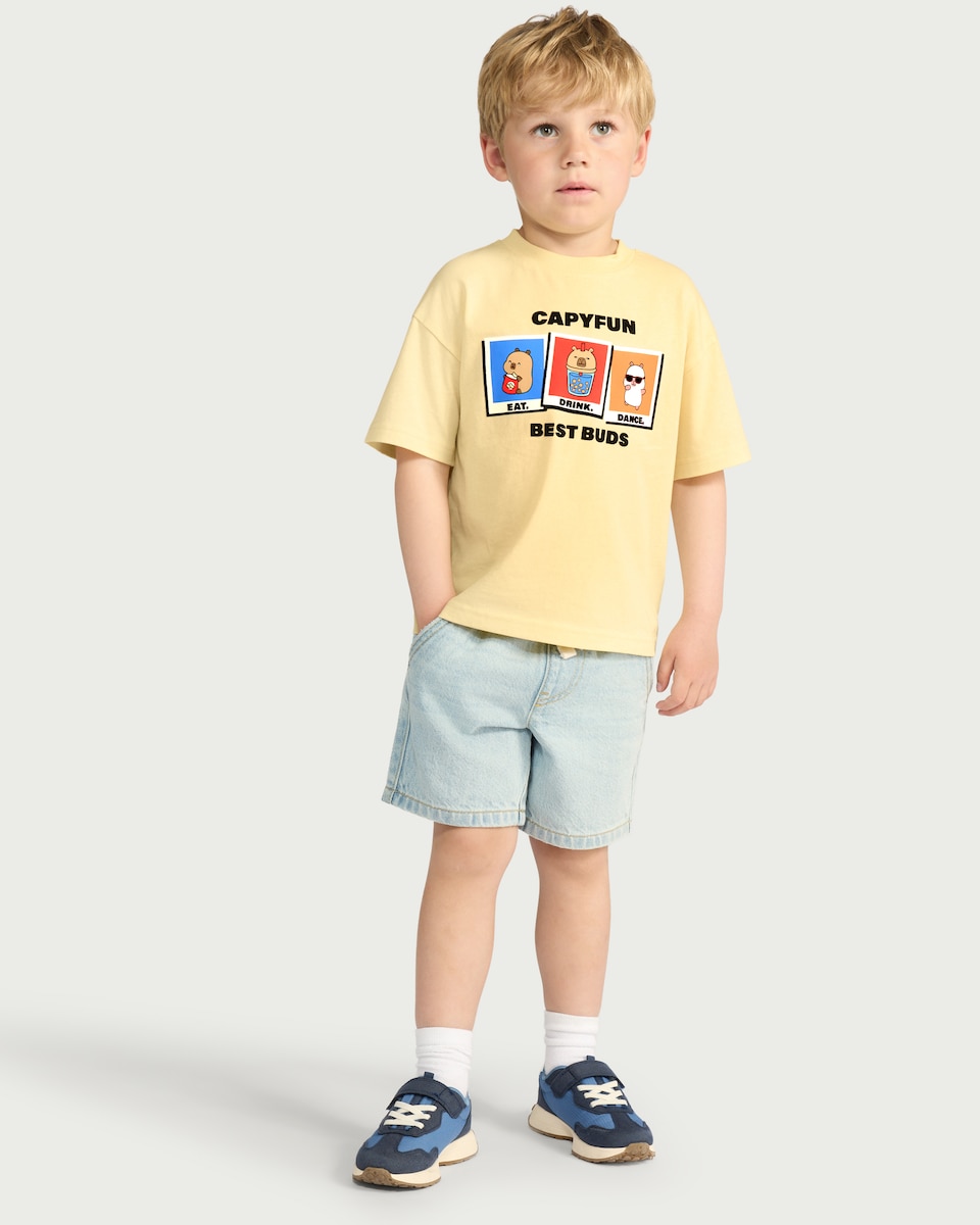 image 1 of Capyfun Pure Cotton Capybara Best Buds T-Shirt in Yellow