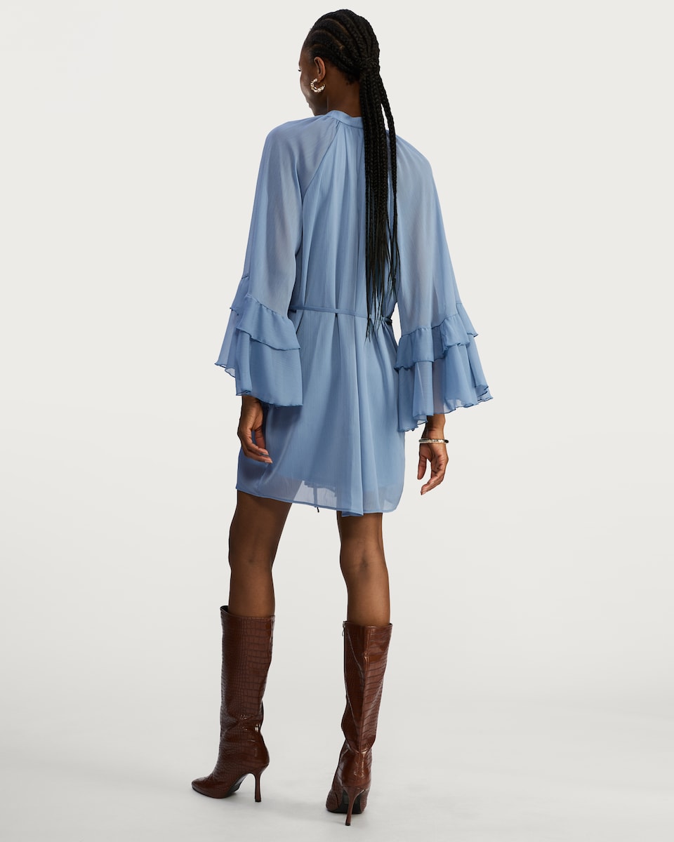 image 1 of F&F Tiered Sleeve Tie Waist Mini Dress in Blue