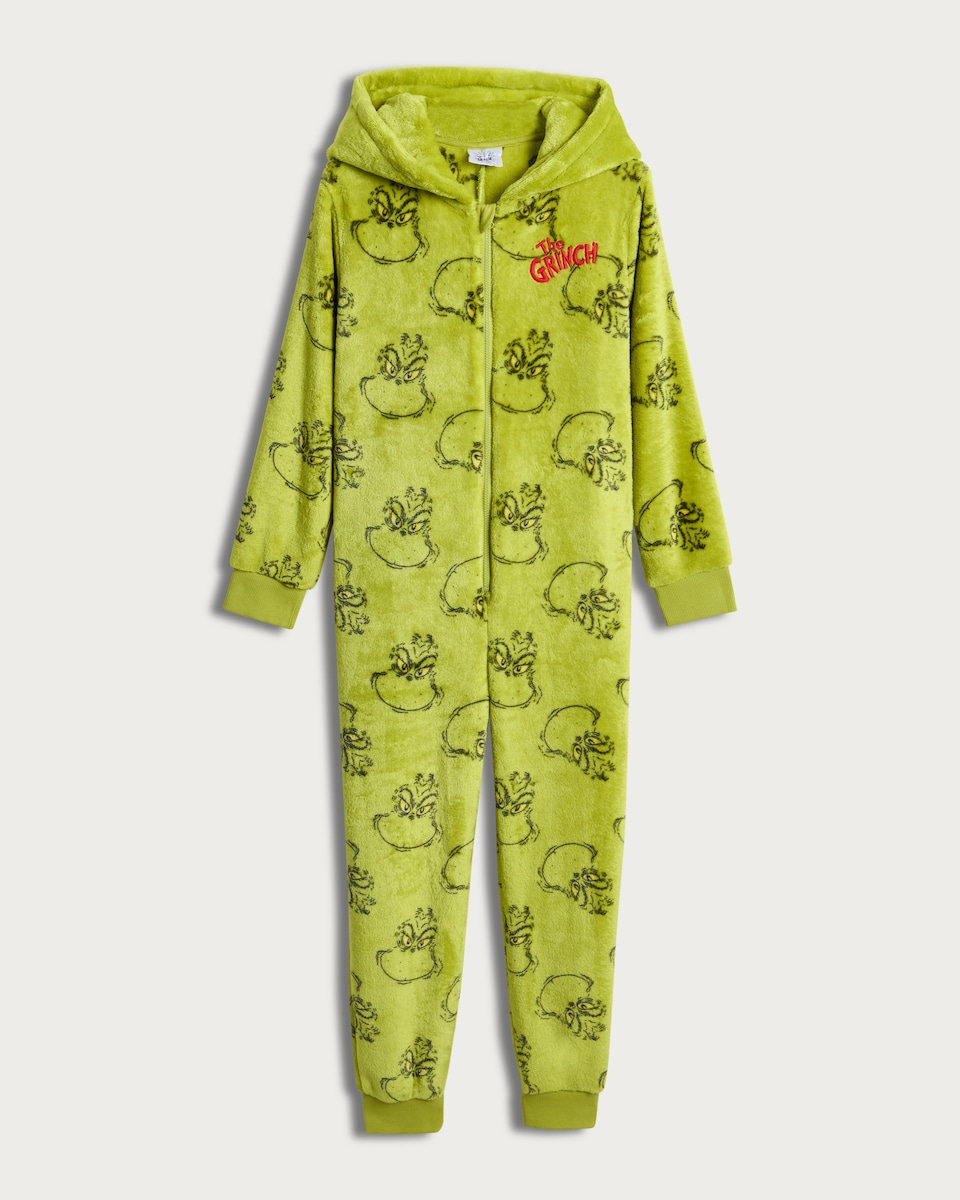 image 1 of The Grinch Fleece Printed Zip Up Onesie in Green