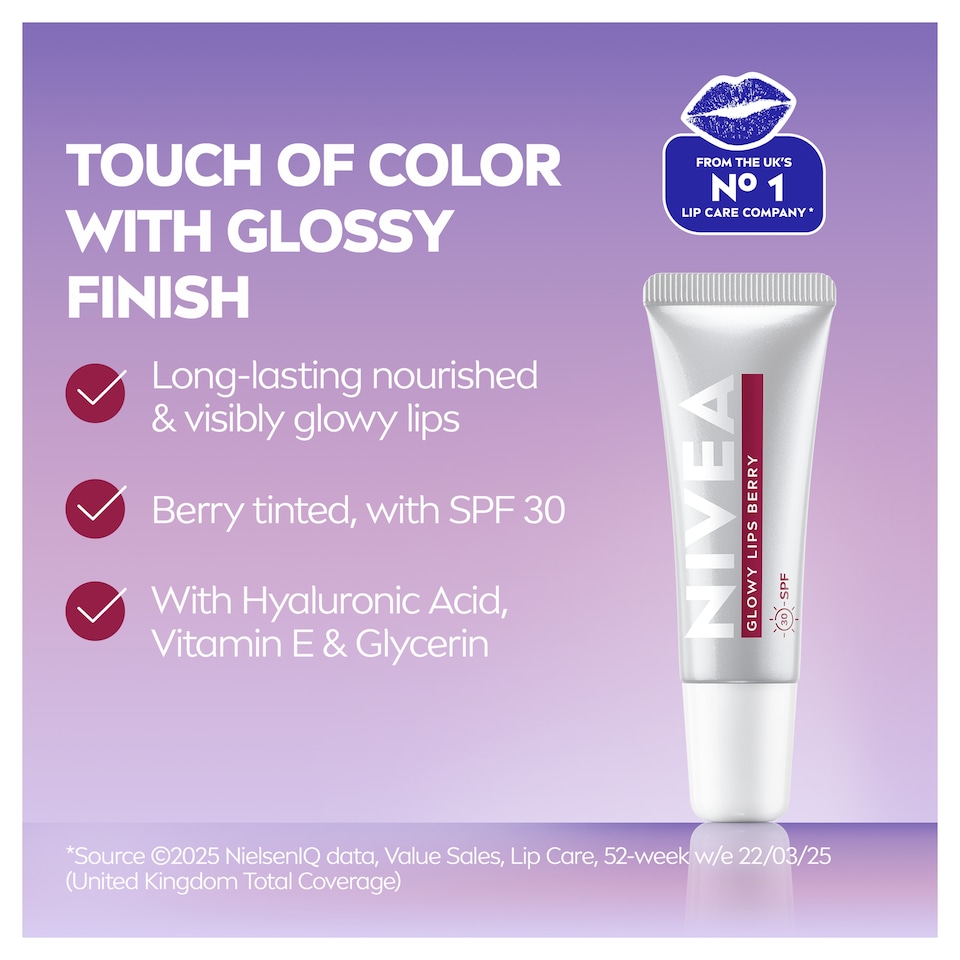 image 1 of NIVEA Glowy Lip Balm Tube Berry SPF30 with Hyaluronic Acid 10ml