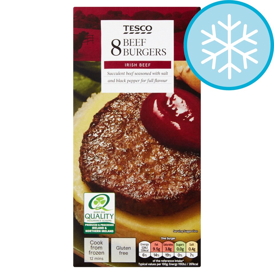 Tesco 8 Beef Burgers 454G