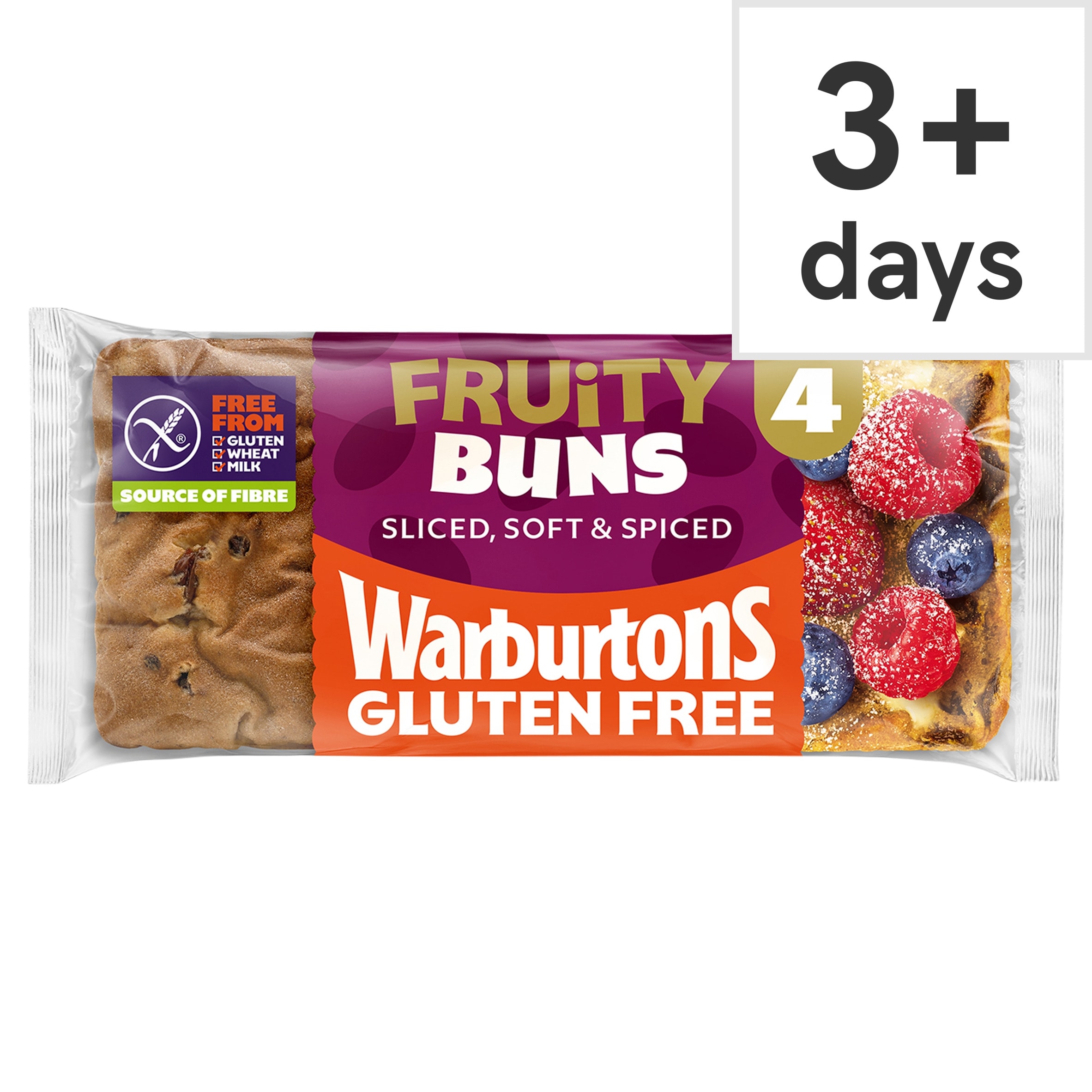 Warburtons Gluten Free Cinnamon & Raisin Sliced Fruity Buns 4 Pack