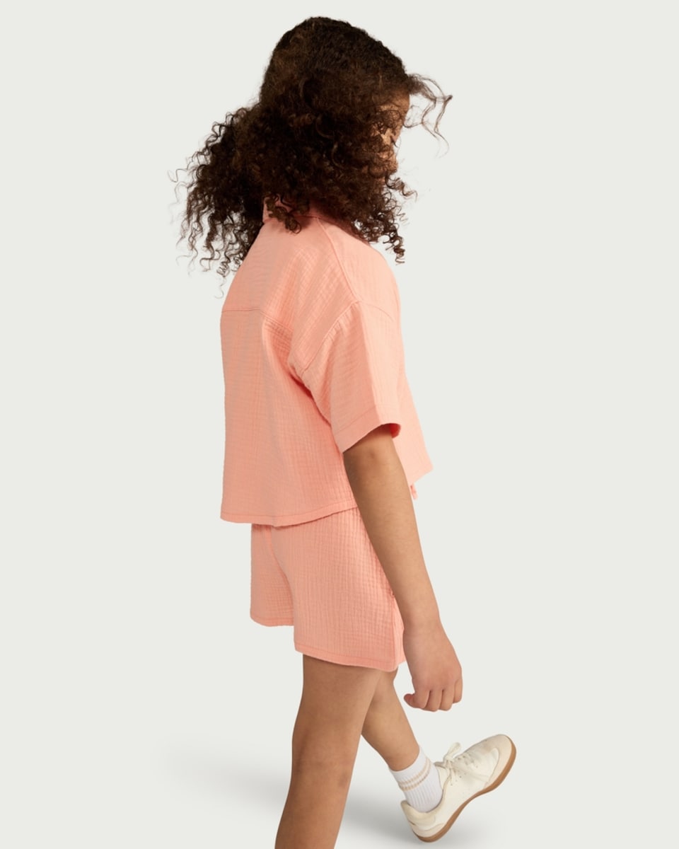 image 1 of F&F Girls 2-Piece Pure Cotton Textured Shirt and Shorts Set in Coral