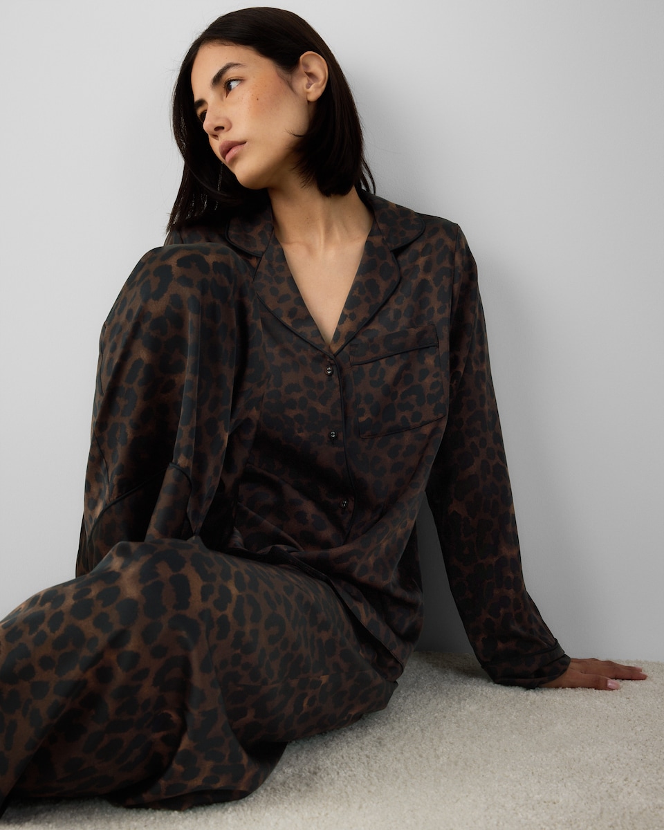 image 1 of F&F Satin Animal Print Revere Pyjama Set in Multi Brown
