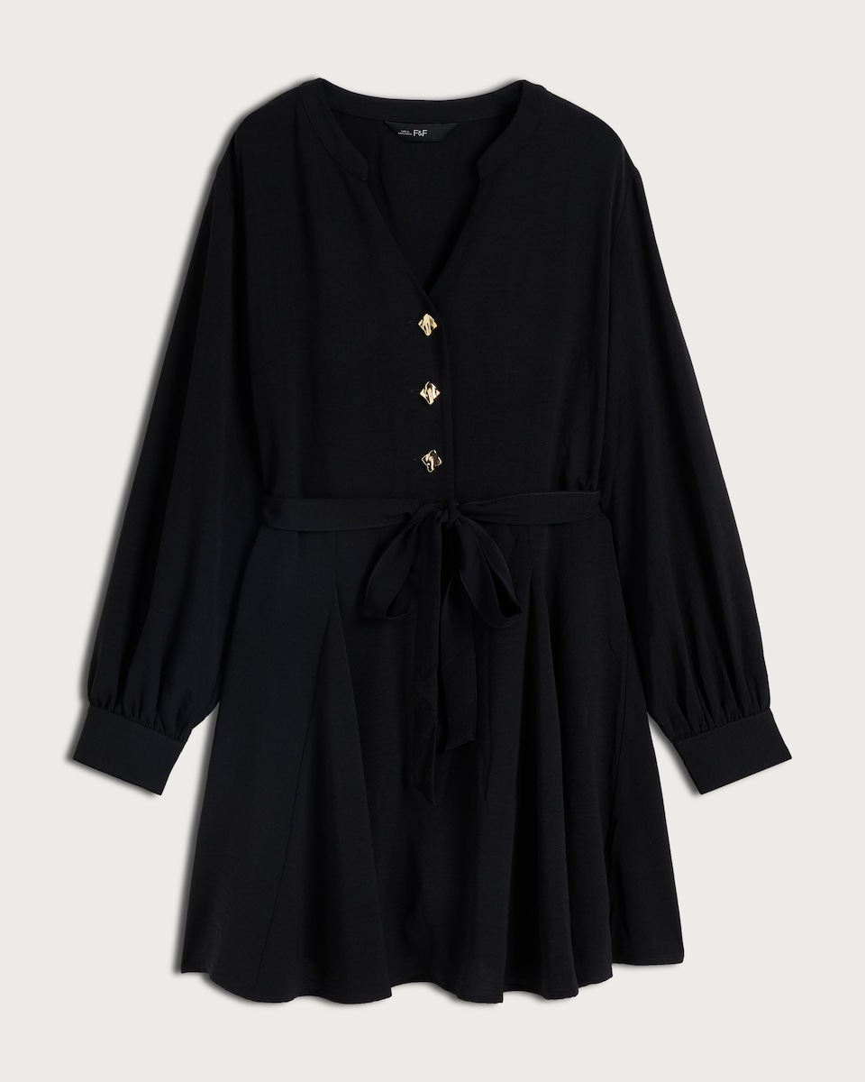 image 1 of F&F Long Sleeved Belted Button Up Dress in Black