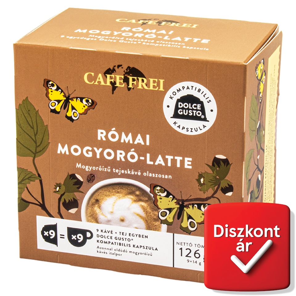 Cafe Frei Római Mogyoró Latte mogyoróízű egyadagos tejeskávé kapszula 9 x 14 g (126 g)