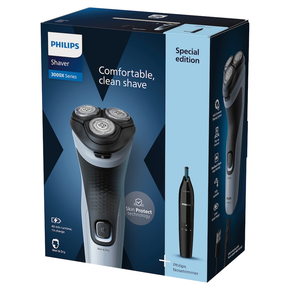 Philips Series 3000X Wet & Dry Electric Shaver, 27 PowerCut Blade, 4D Head, Nose/Ear Trimmer-X3003/0