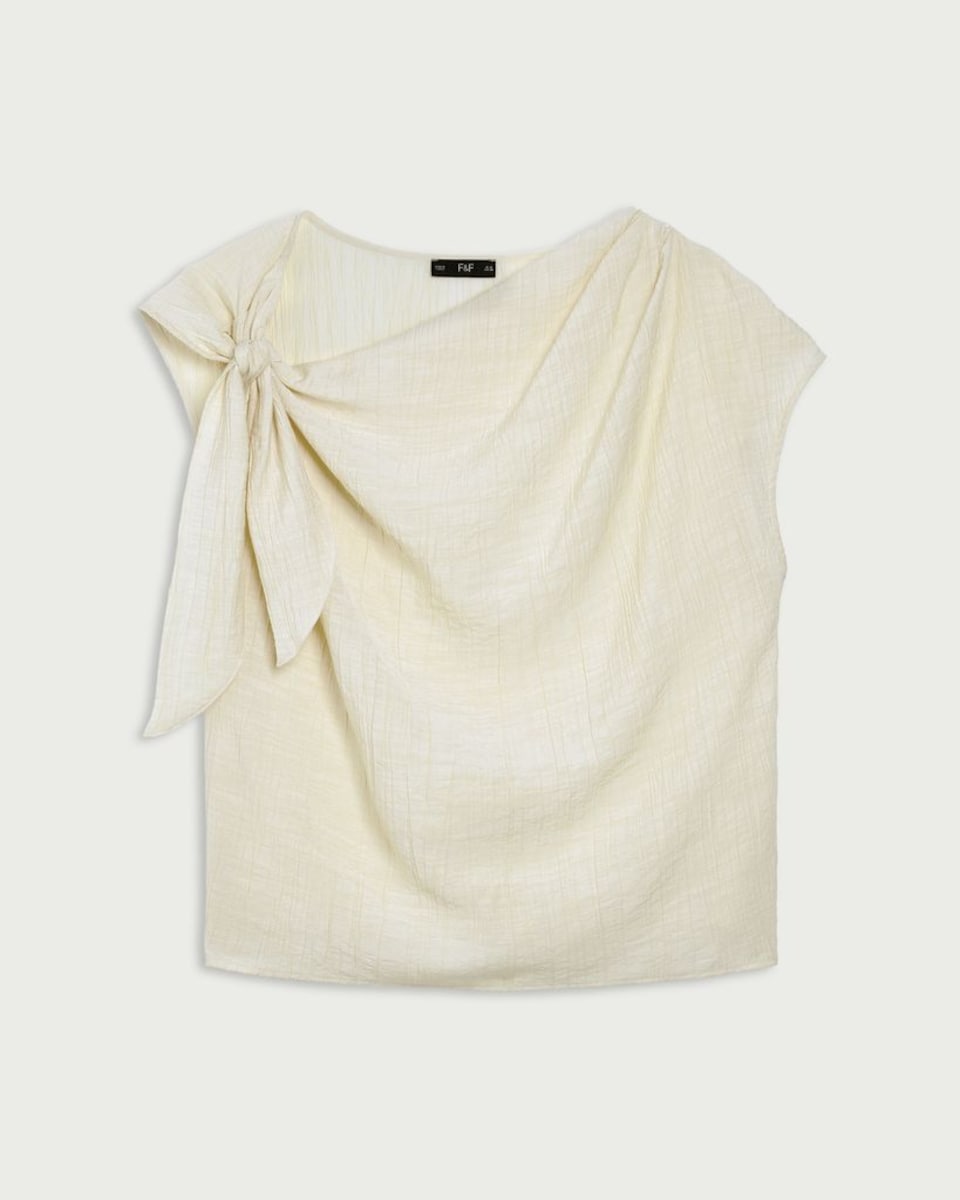 image 1 of F&F Textured Tie Shoulder Blouse in Cream