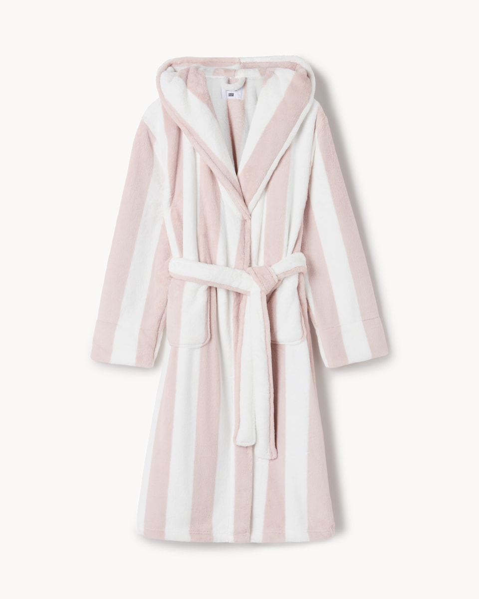 image 1 of F&F Fleece Striped Hooded Dressing Gown in Neutral