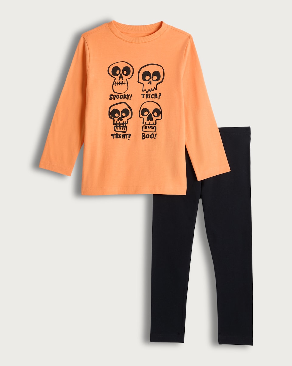 image 1 of F&F Boys Cotton Rich Spooky Skull Print Top and Leggings Set in Orange