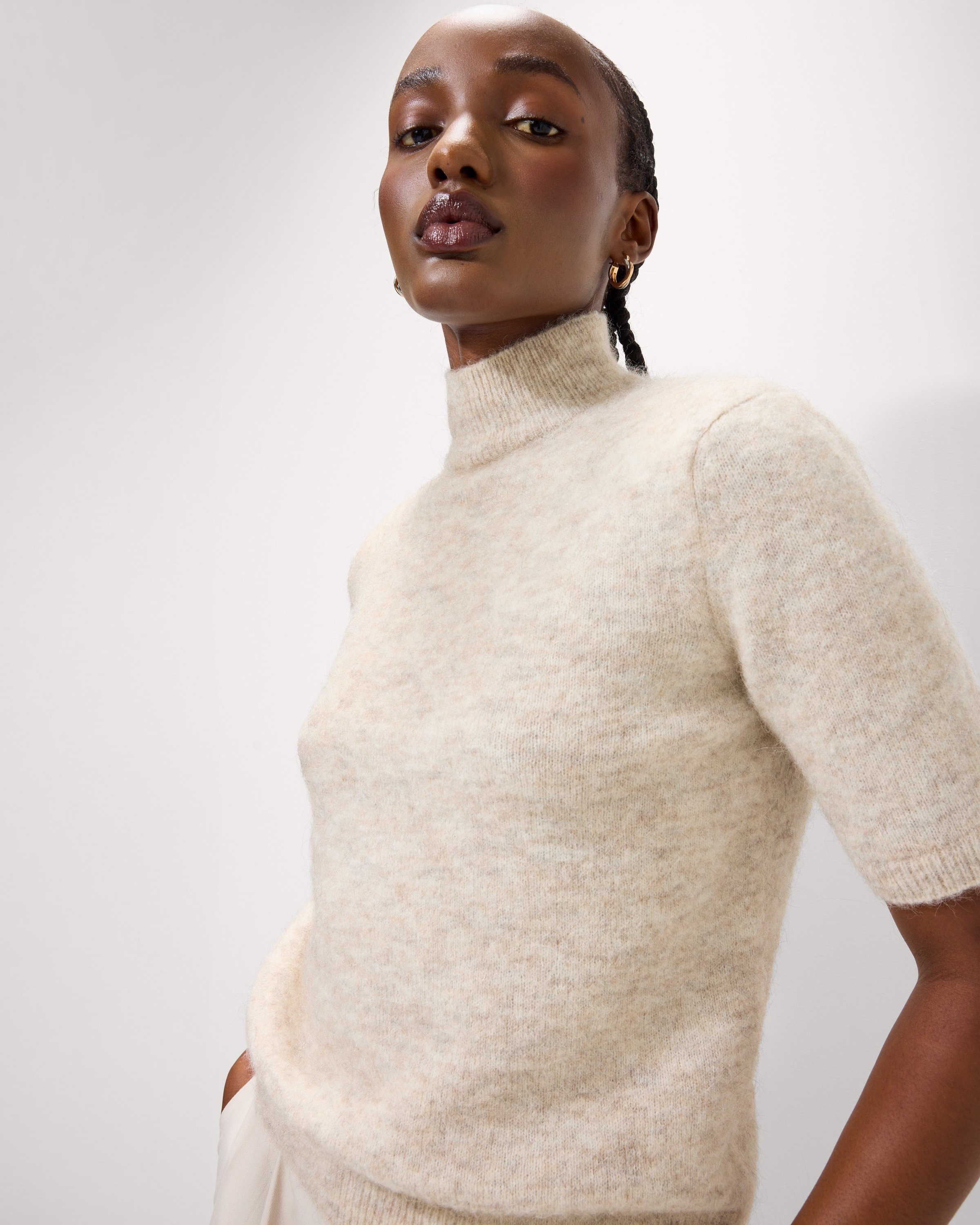F&F Alpaca Wool Blend High Neck Short Sleeved Jumper in Neutral, XS, Womens