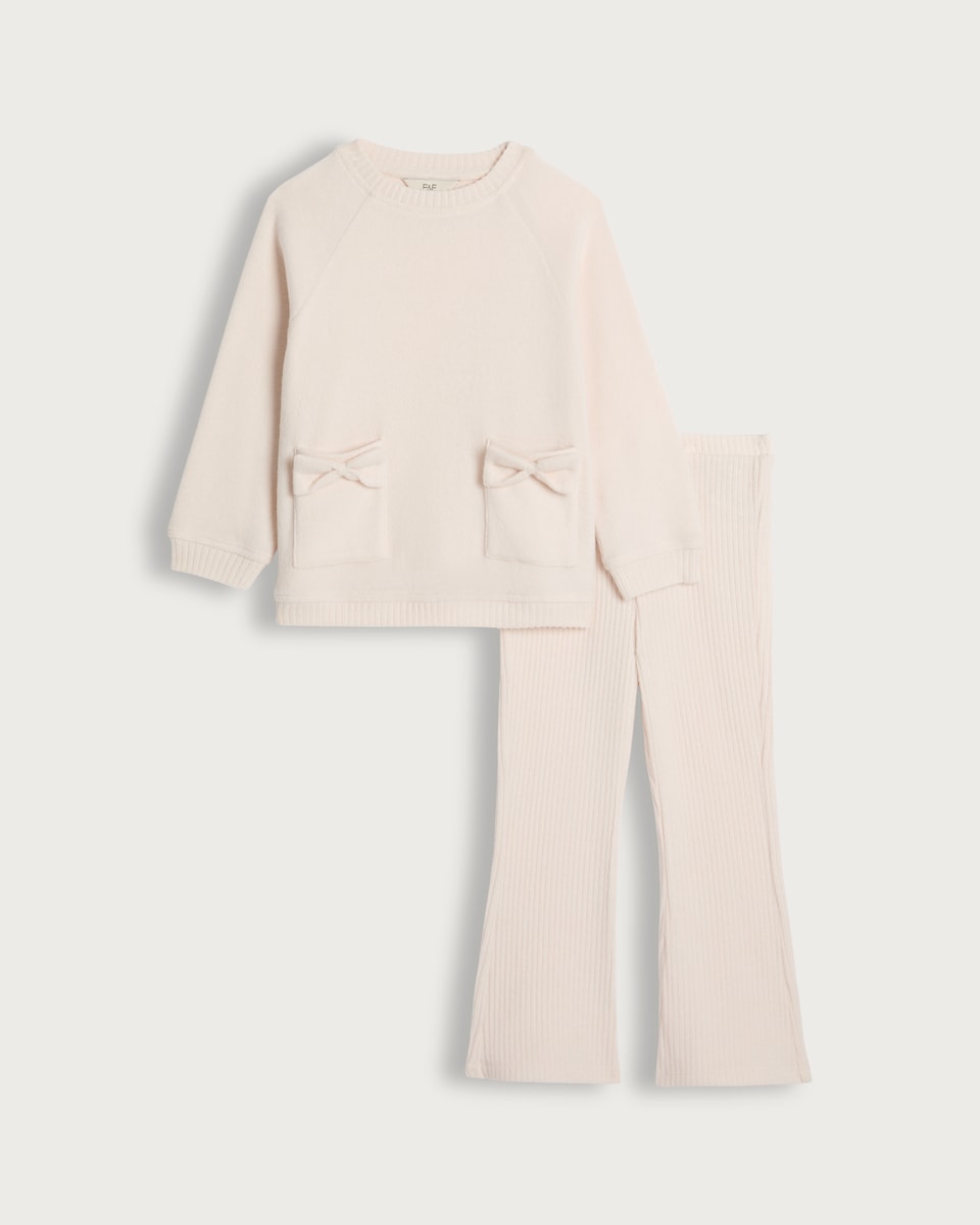F&F Girls 2-Piece Knitted Bow Pocket Jumper and Ribbed Leggings in Cream