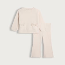 F&F Girls 2-Piece Knitted Bow Pocket Jumper and Ribbed Leggings in Cream