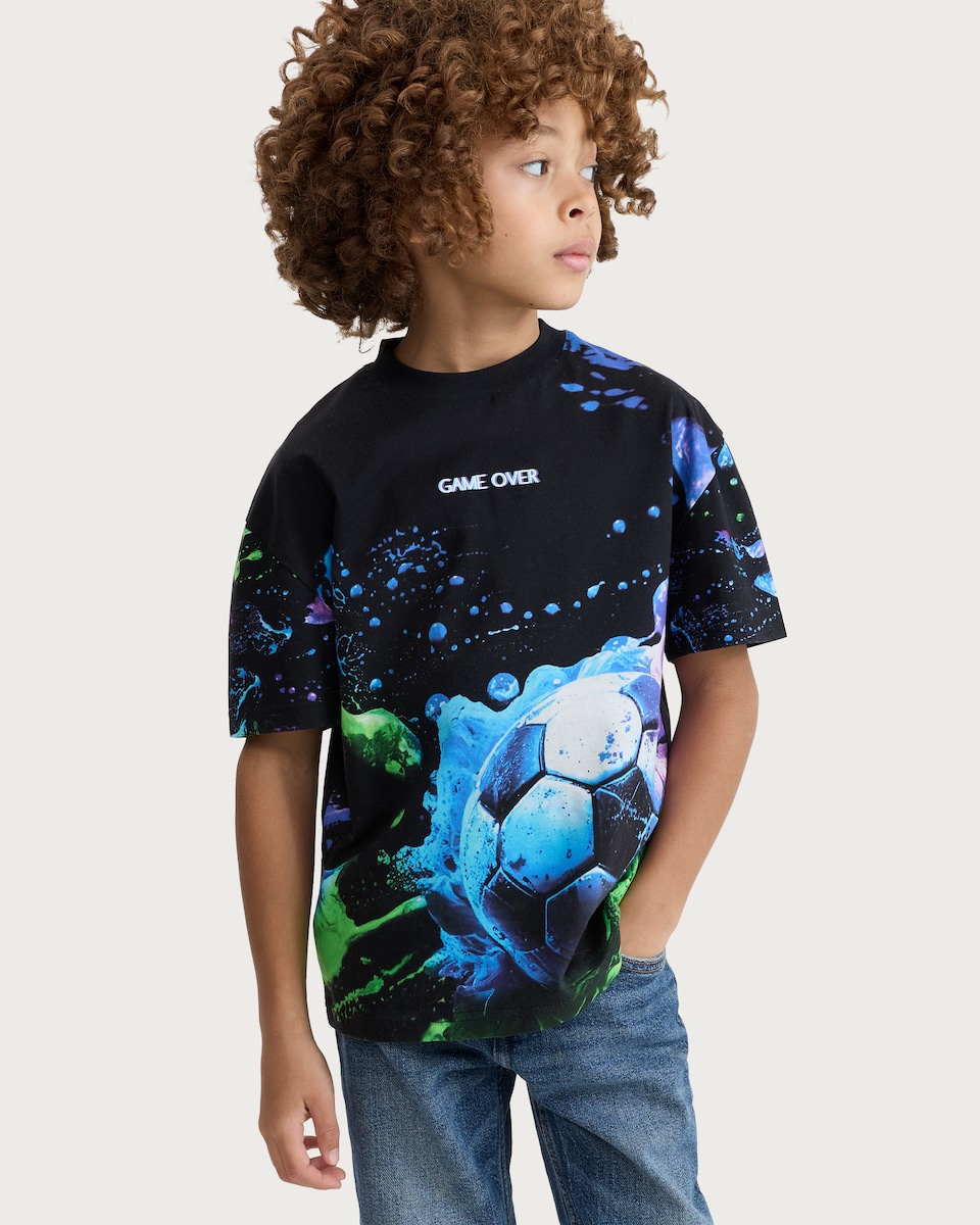 image 1 of F&F Boys Pure Cotton Game Over Football Print Oversized T-Shirt in Multi Black