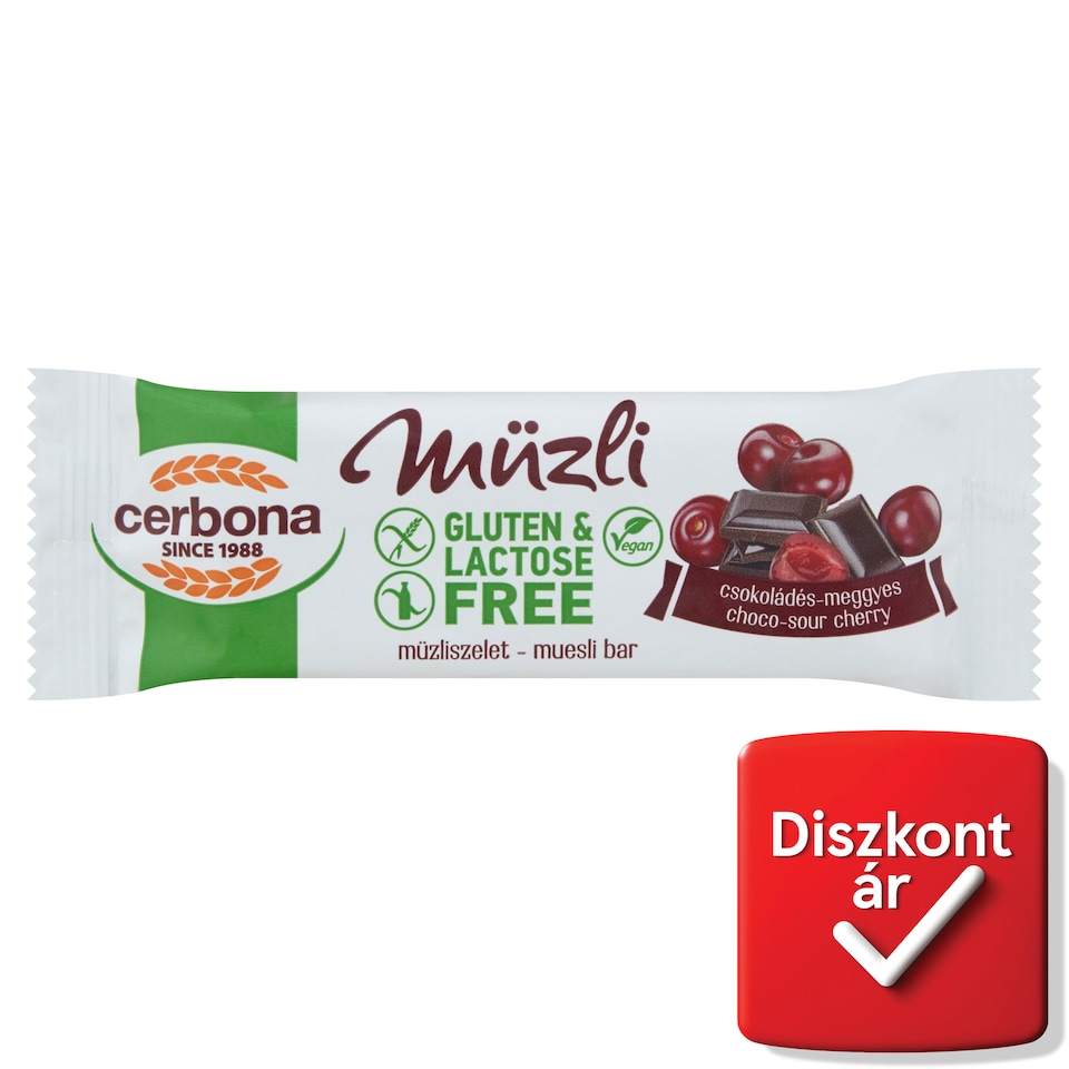Cerbona gluténmentes, laktózmentes csokoládés-meggyes müzliszelet 35 g  1. kép
