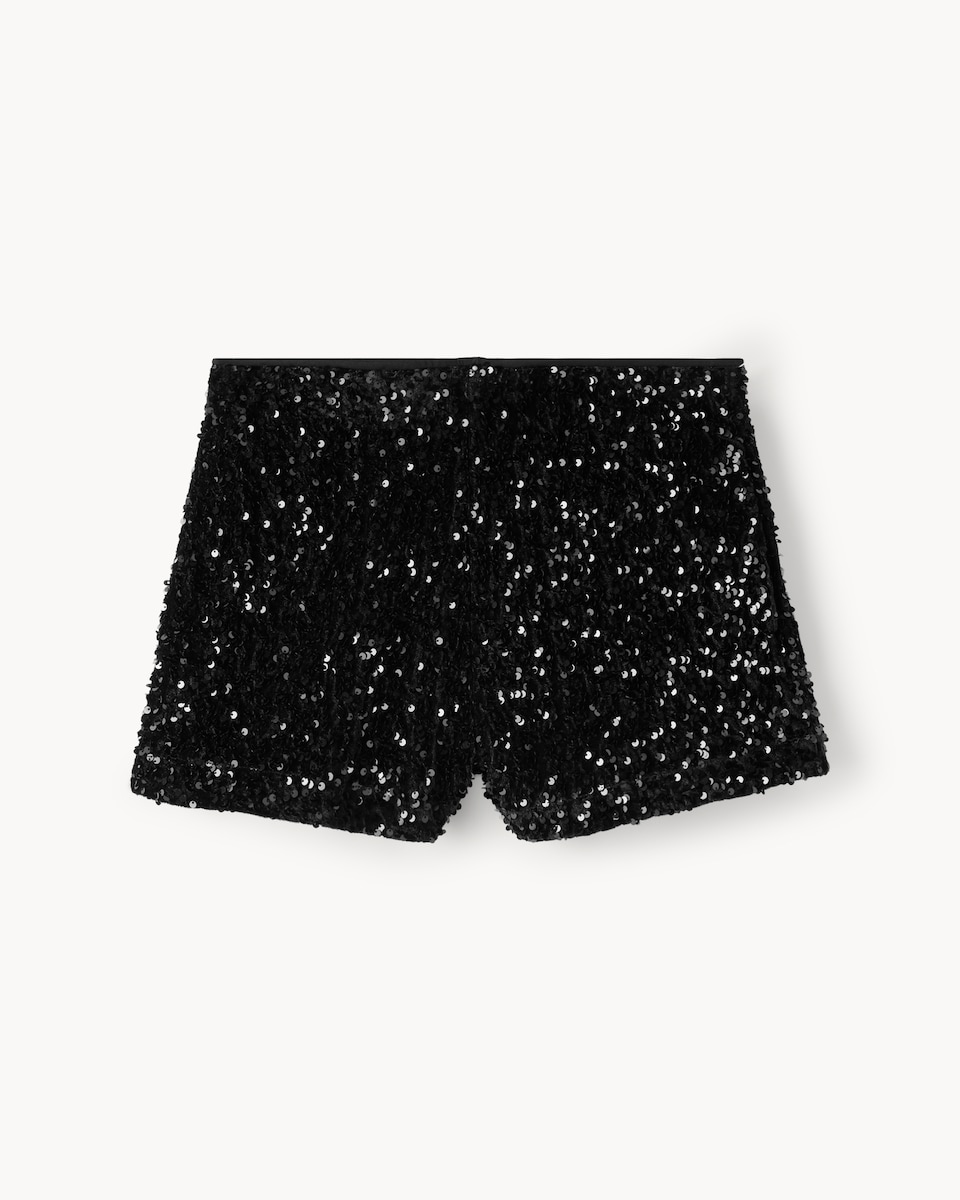 image 1 of F&F Velvet Sequin Shorts in Black