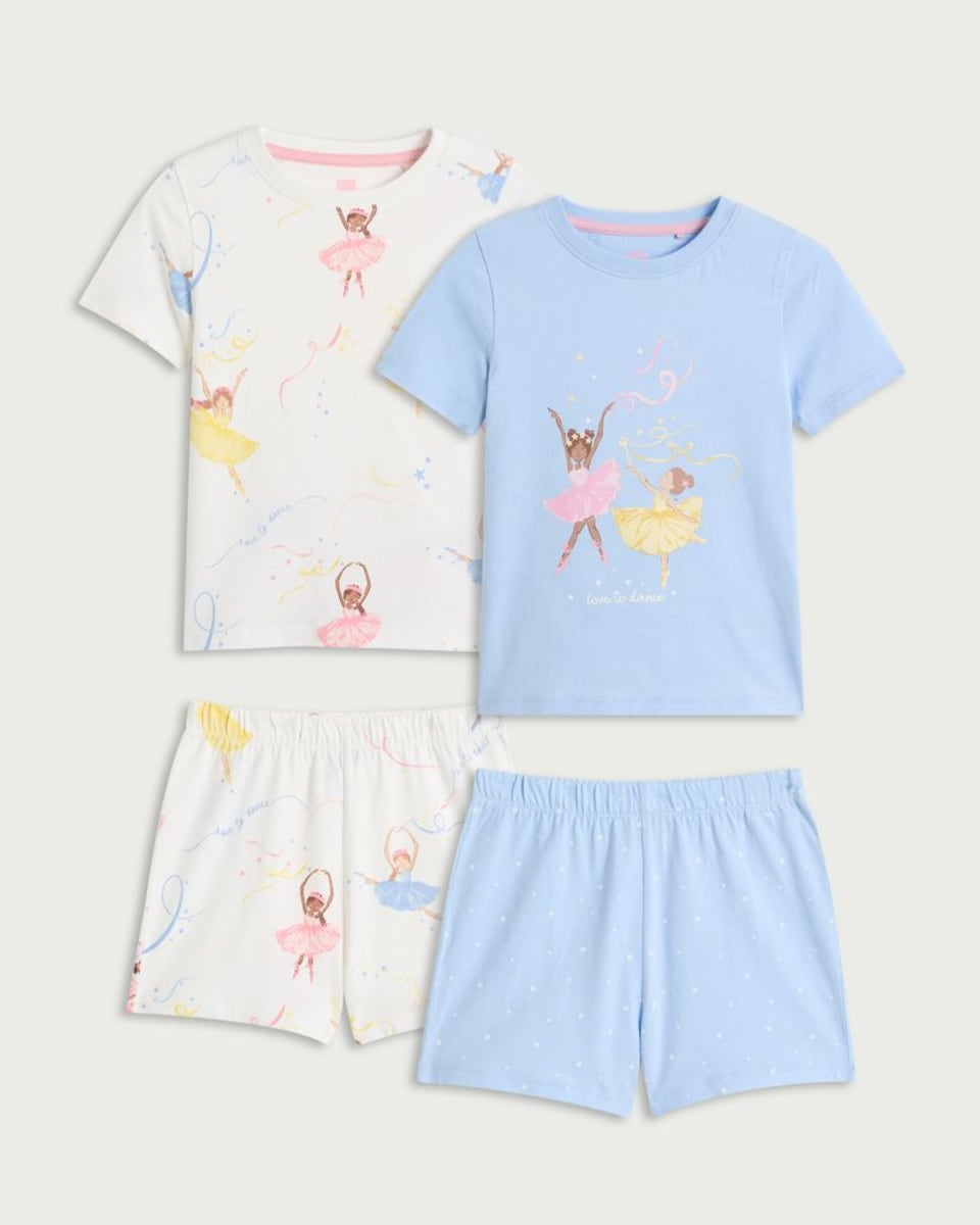 image 1 of F&F Girls 2-Pack Pure Cotton Ballerina Print Top and Shorts Pyjama Sets in Blue
