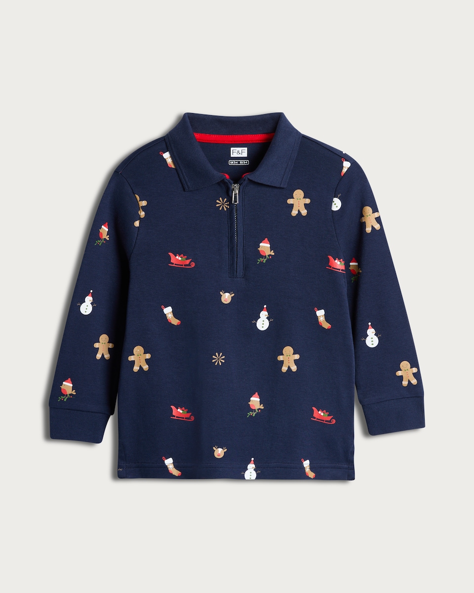 image 1 of F&F Boys Pure Cotton Christmas Print Zip Neck Polo Top in Navy