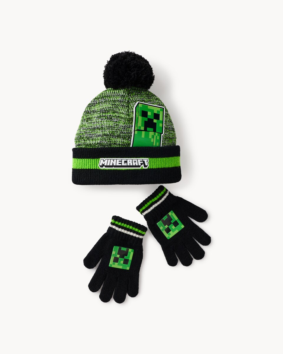 image 1 of Minecraft Knitted Hat and Gloves Set in Green