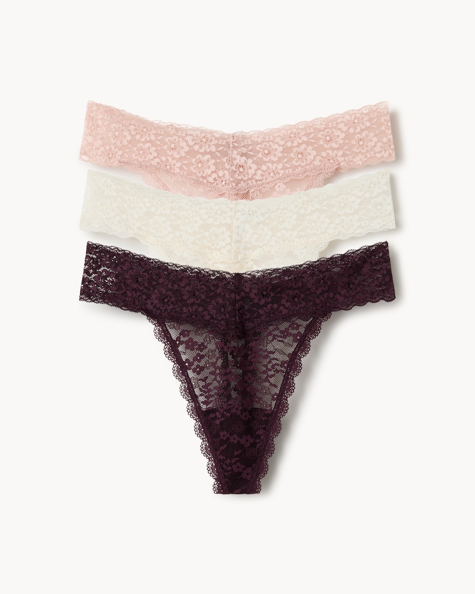 image 1 of F&F 3-Pack Lace Scalloped Edge Thongs in Multi