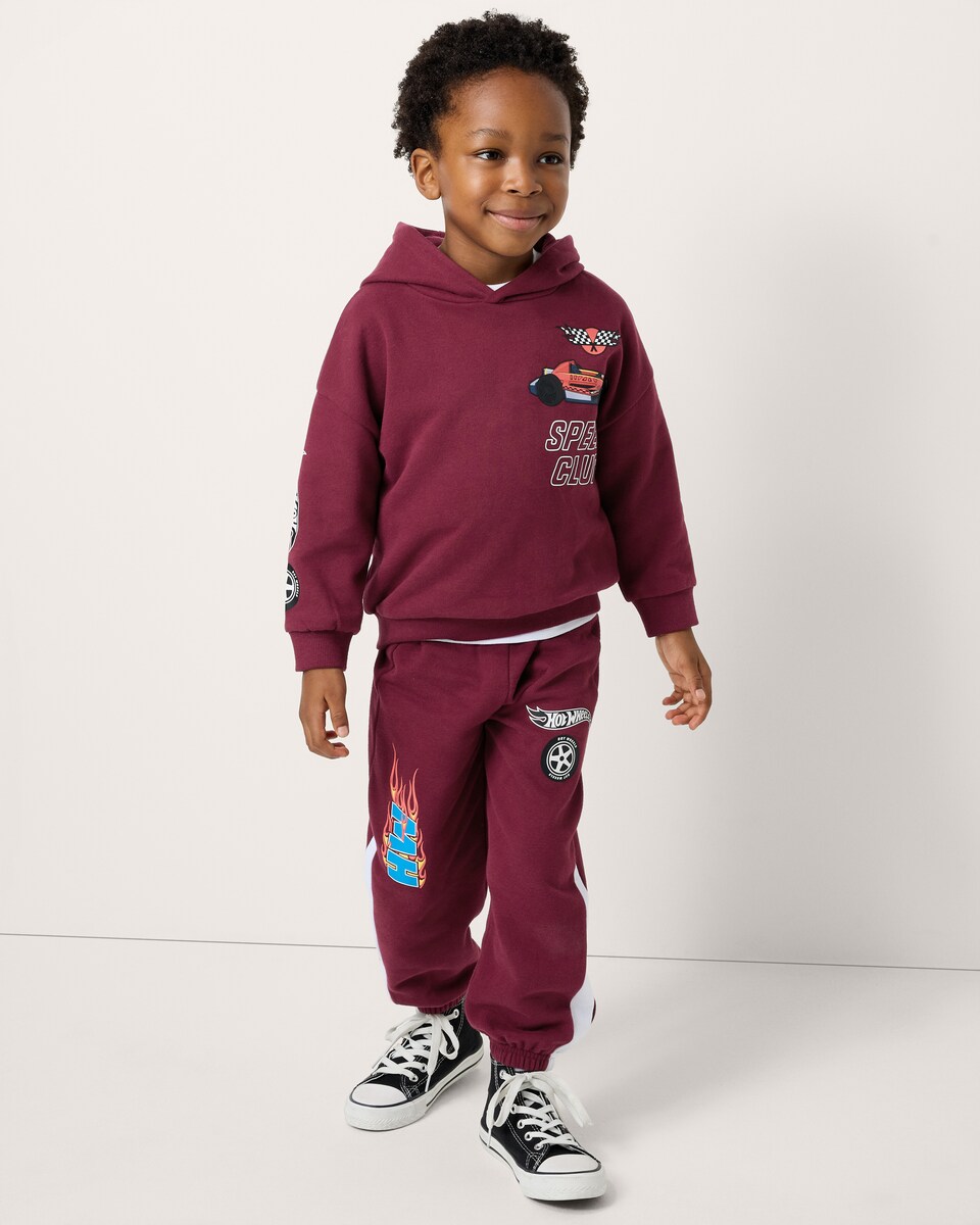 image 1 of Hot Wheels Cotton Rich Racing Hoodie and Joggers Set in Burgundy