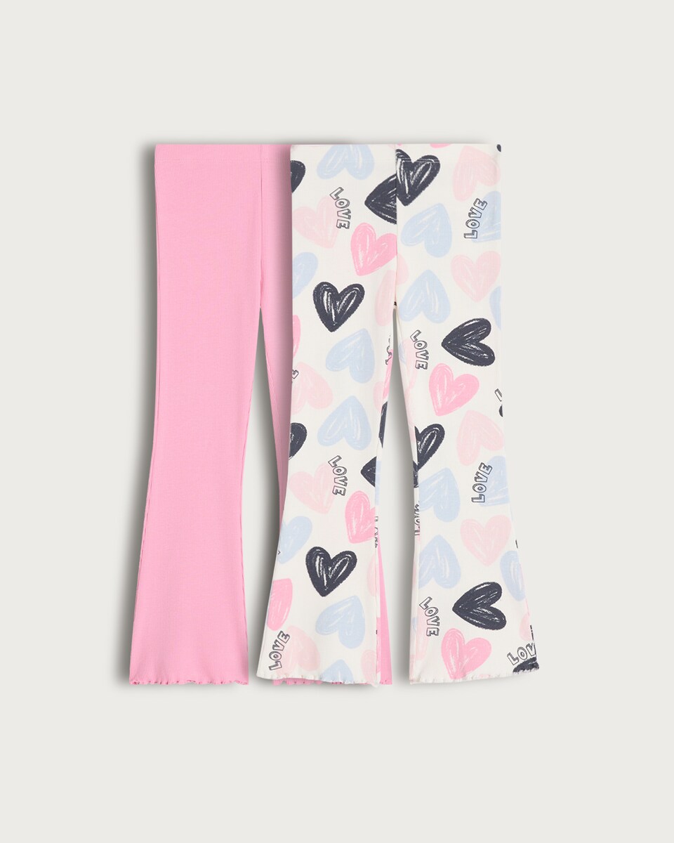 F&F Girls 2-Pack Cotton Rich Heart Print Flared Leggings in Multi