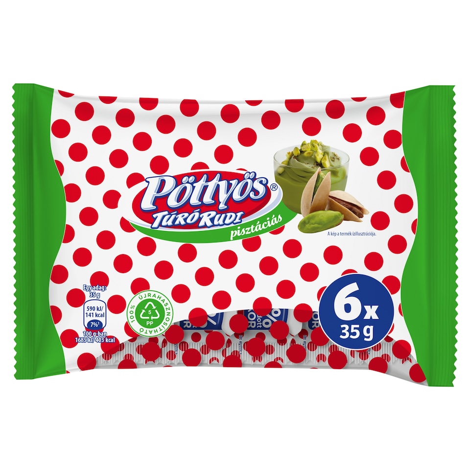 Pöttyös Túró Rudi Pistachio Cottage Cheese Dessert with Cocoa Coating 6 x 35 g (210 g)