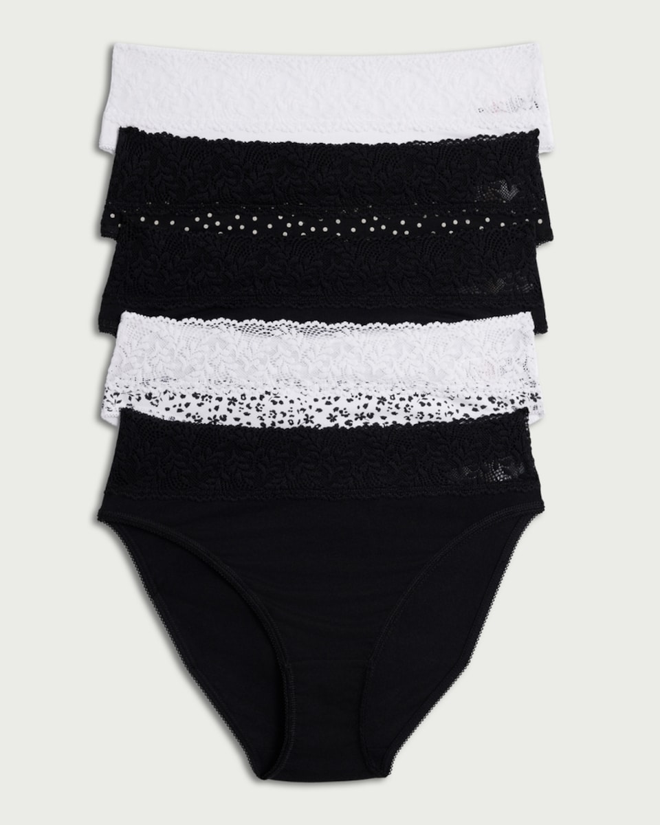 F&F 5-Pack Cotton Rich Lace Trim High Leg Knickers in Multi