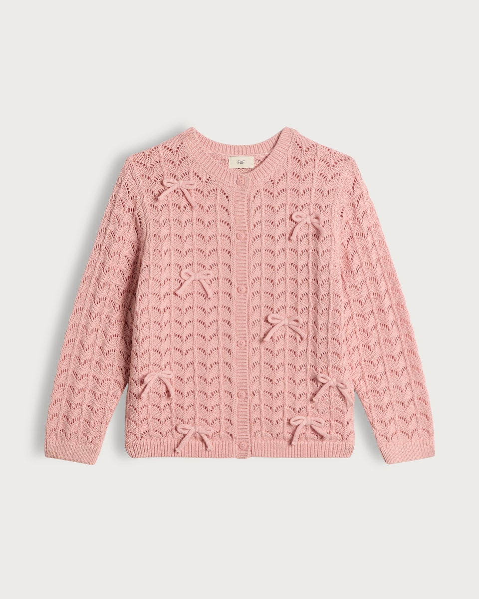 image 1 of F&F Girls Pure Cotton Bow Detail Knitted Cardigan in Pink