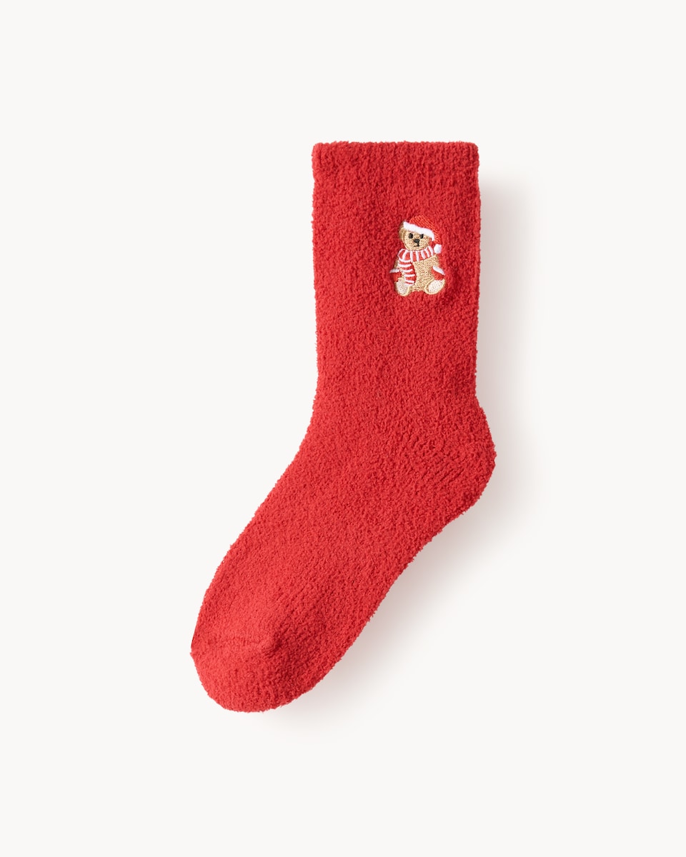 Christmas Unisex Embroidered Teddy Cosy Socks in Red