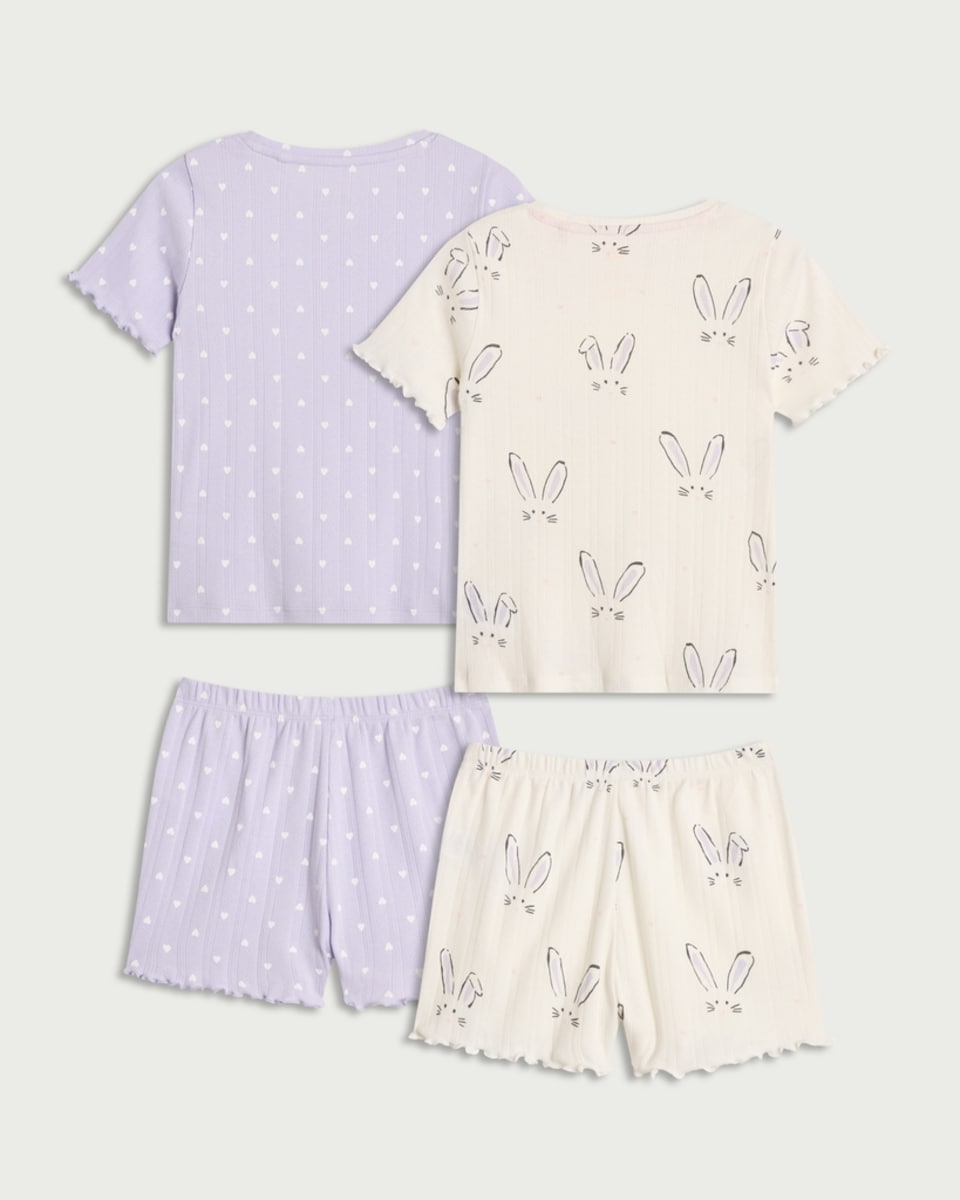 image 1 of F&F Girls 2-Pack Pure Cotton Bunny and Heart Print Pyjama Sets in Lilac