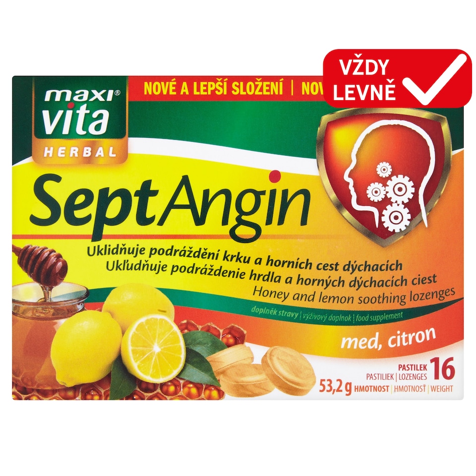 Obrázek 1 pro produkt Maxi Vita Herbal SeptAngin med, citron 16 pastilek 53,2g