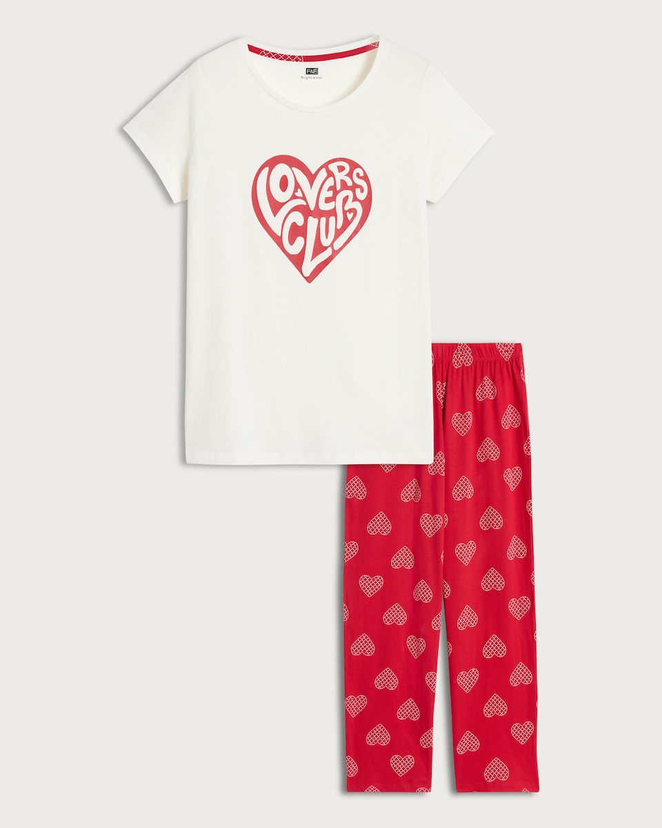 image 1 of F&F Pure Cotton Lovers Club Pyjama Set in Multi Red