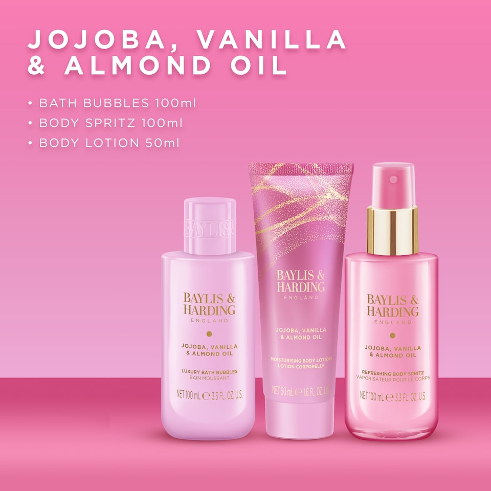 image 1 of Baylis & Harding Jojoba, Vanilla & Almond Oil Gift Wrapped Pamper Trio Gift Set