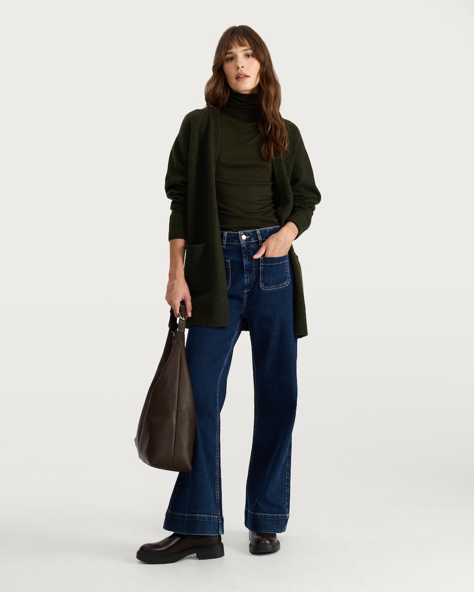 image 1 of F&F Patch Pocket Open Front Cardigan with Wool in Khaki