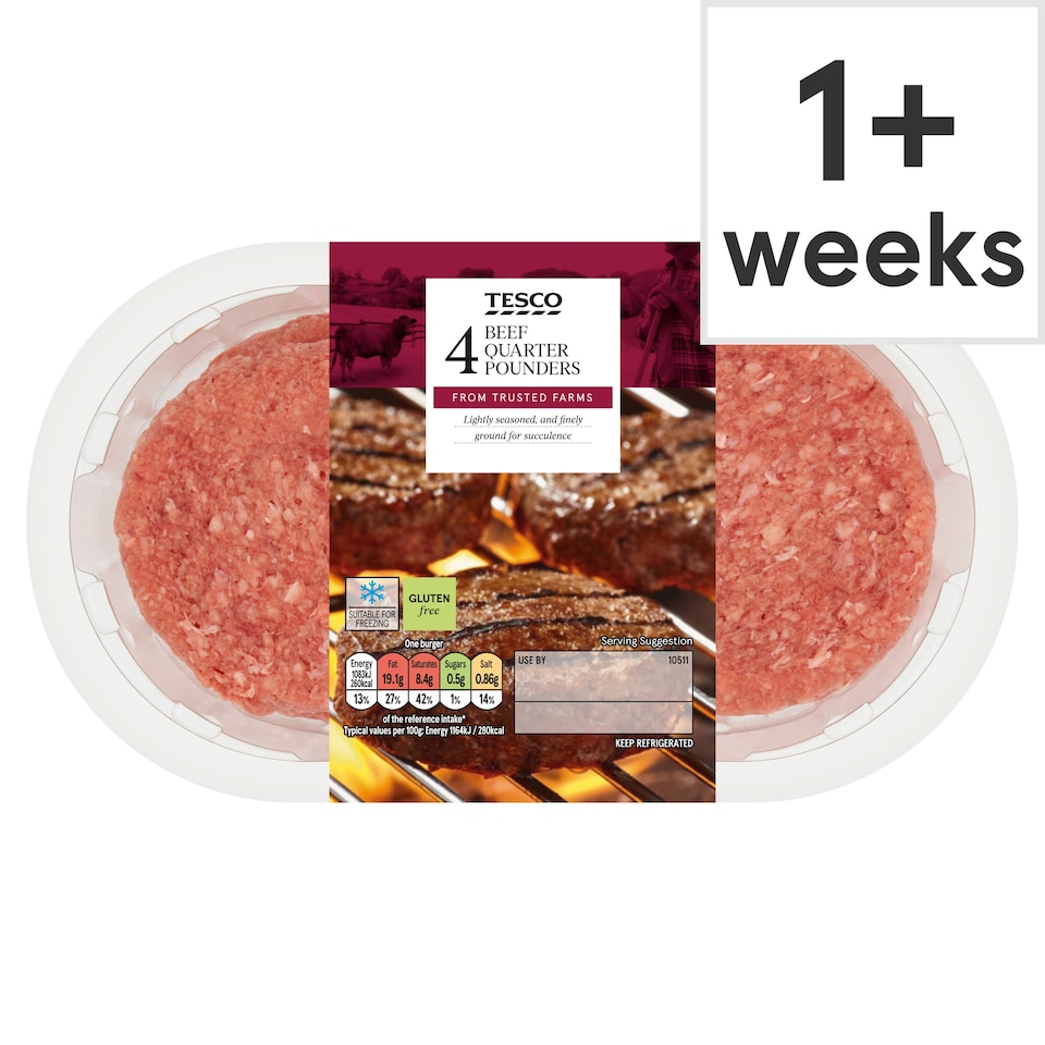 Tesco Fire Pit 4 British Beef Quarter Pounders 454g (C)