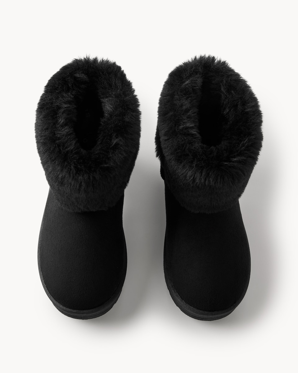 image 1 of F&F Girls Faux Fur Lined Cuffed Slipper Boots in Black