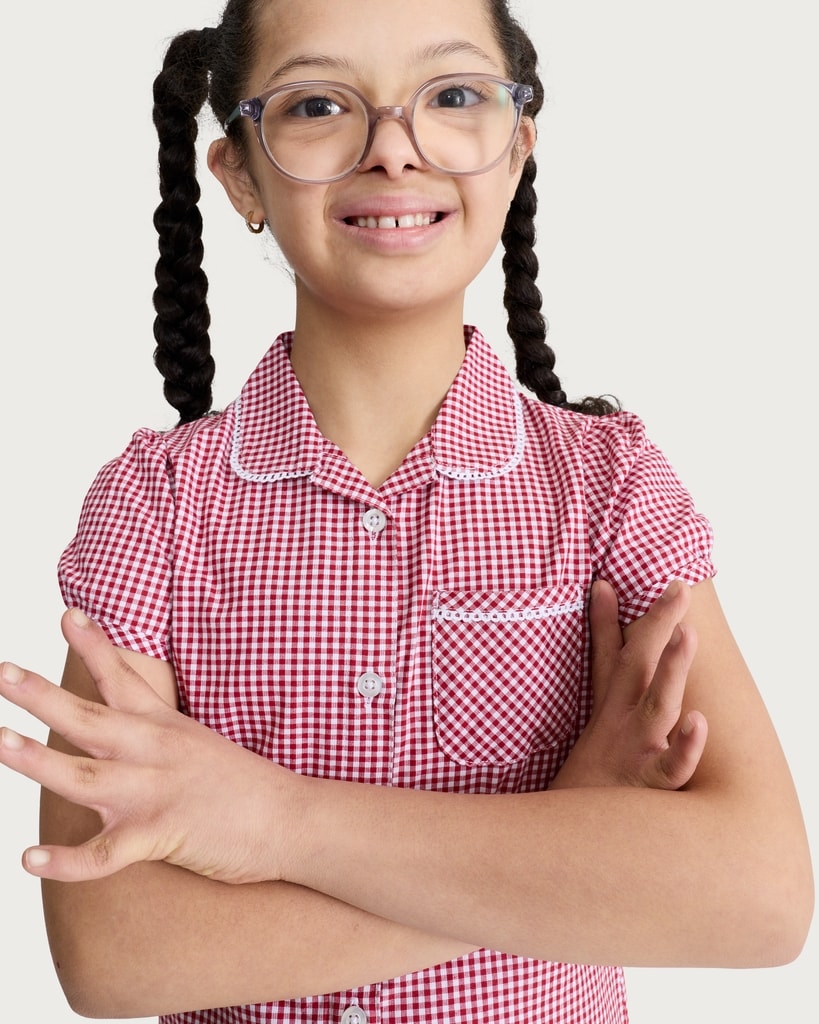 F&F School Girls 2-Pack Cotton Rich Gingham Short Sleeved Dresses in Red