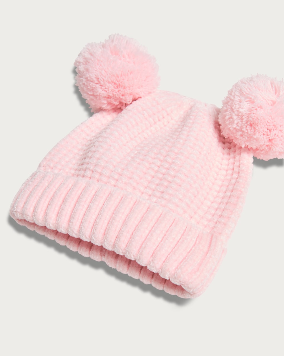image 1 of F&F Baby 2-Piece Pom Pom Hat and Mittens Set in Pink