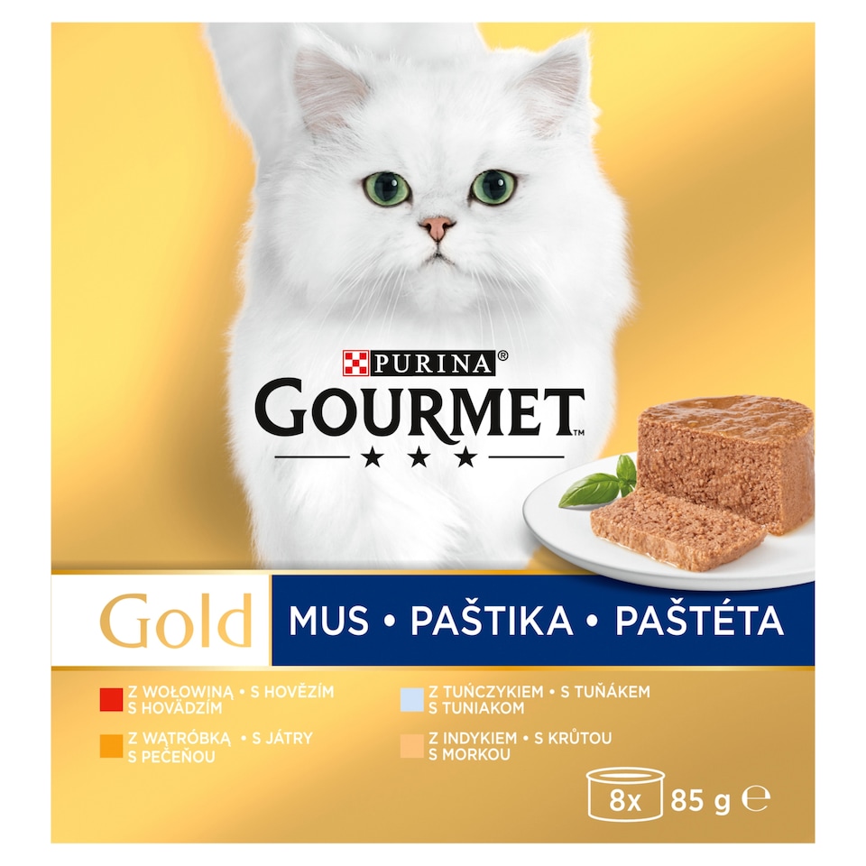 image 1 of Gourmet Gold Canned Food for Cats Tuna, Liver, Turkey, Beef Pate 8 x 85 g