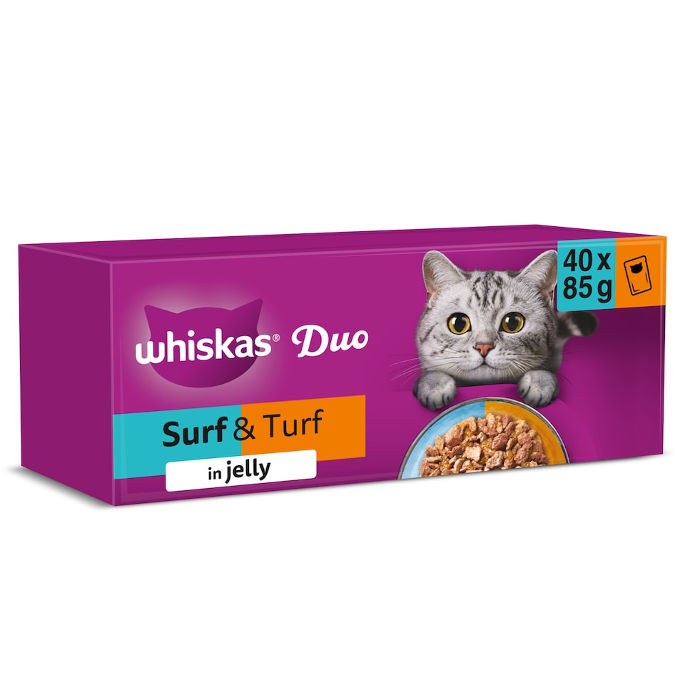 image 1 of Whiskas Duo Surf & Turf Adult Cat Food Pouches in Jelly 40x85g
