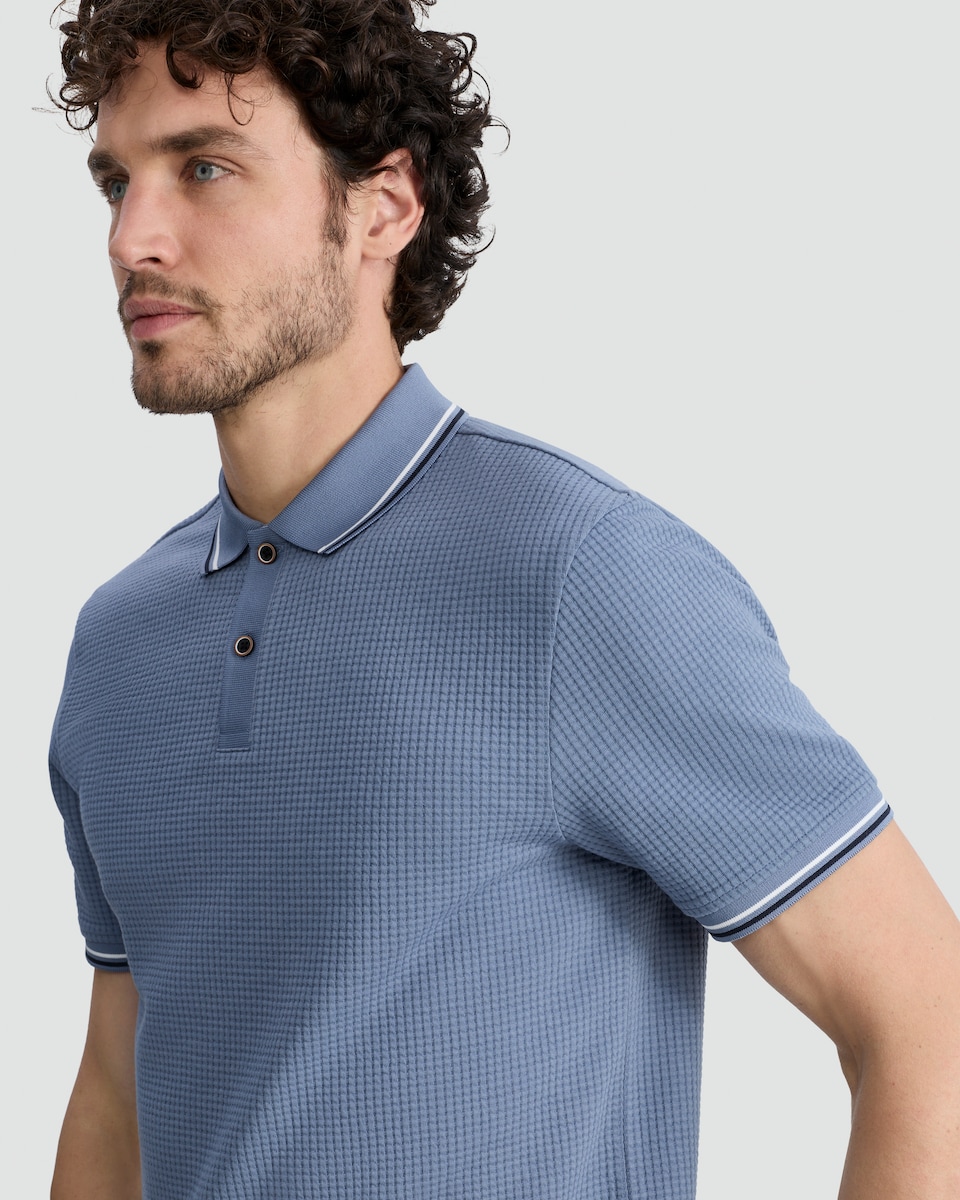 image 1 of F&F Cotton Blend Waffle Textured Polo Shirt in Blue