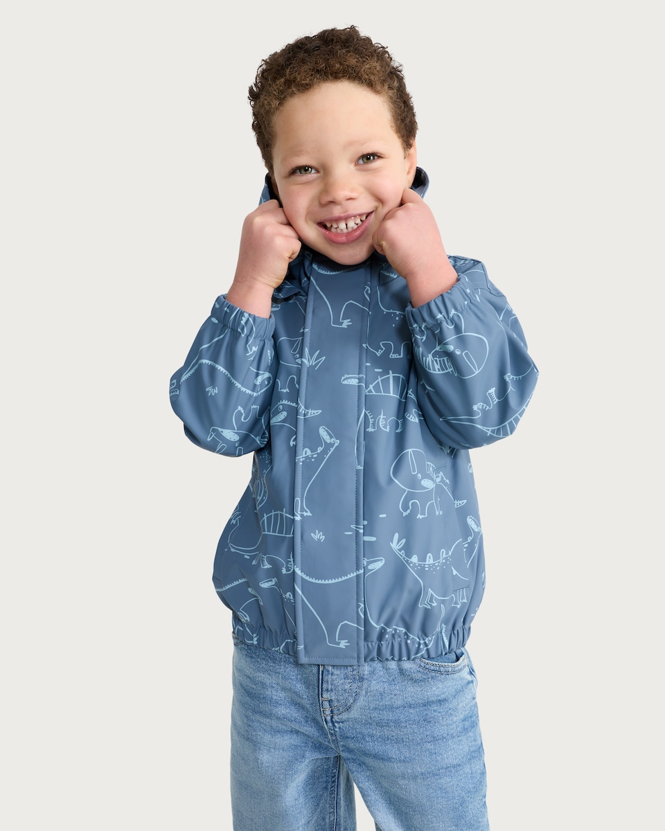 image 1 of F&F Boys Dinosaur Print Hooded Jacket in Blue