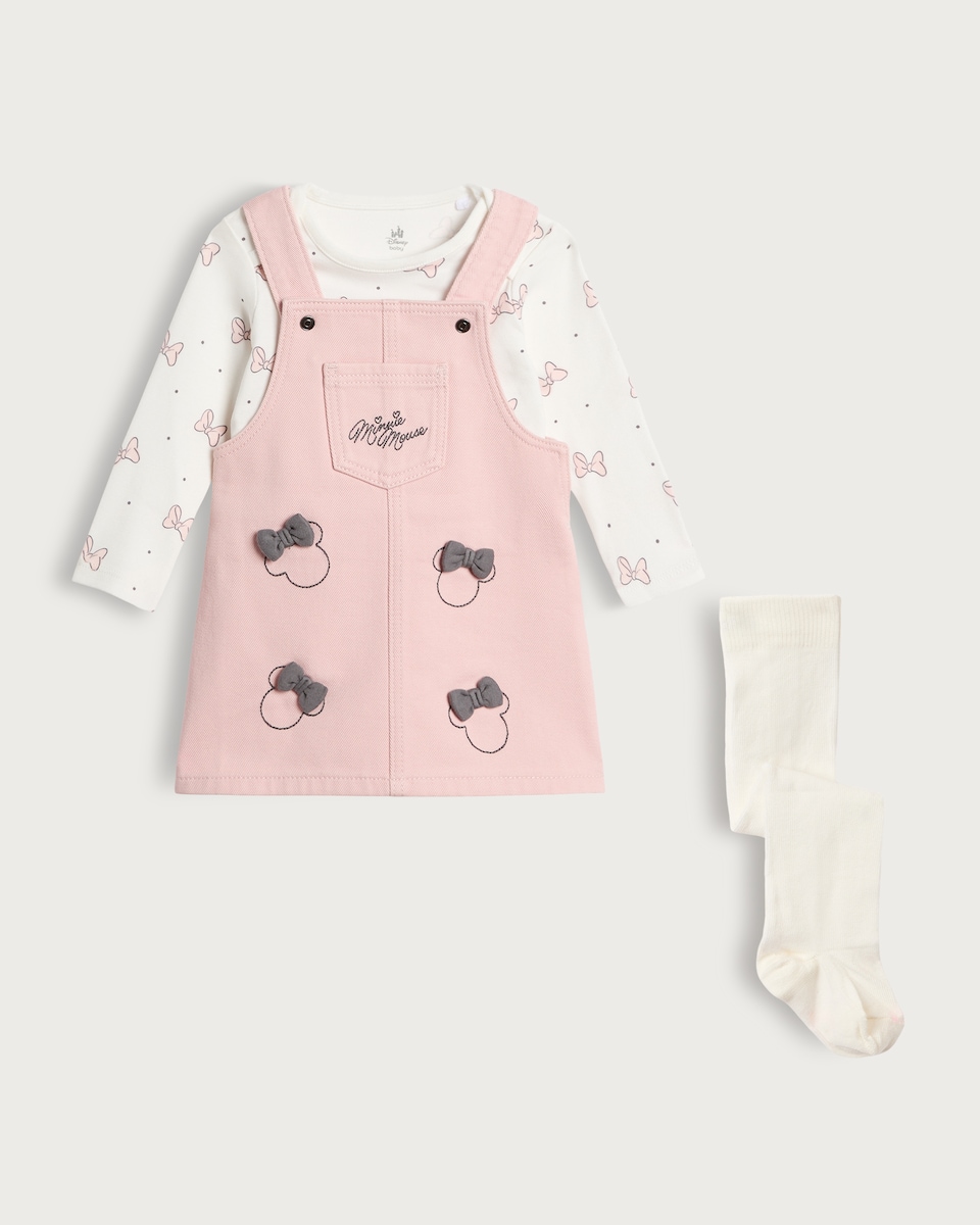 image 1 of Disney Minnie Mouse 3-Piece Pure Cotton Pinafore, Bodysuit and Tights Set in Pink