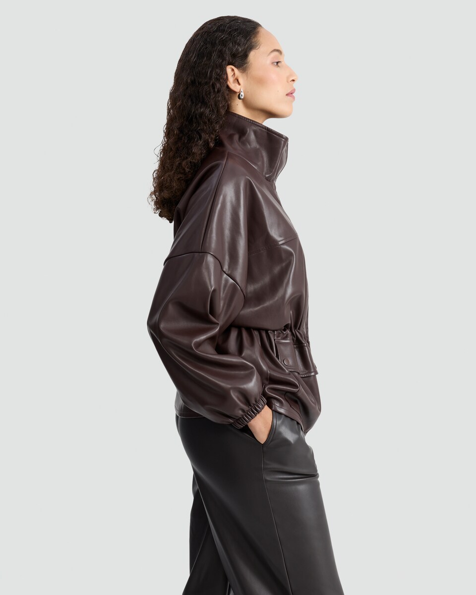 image 1 of F&F Faux Leather High Neck Jacket in Brown