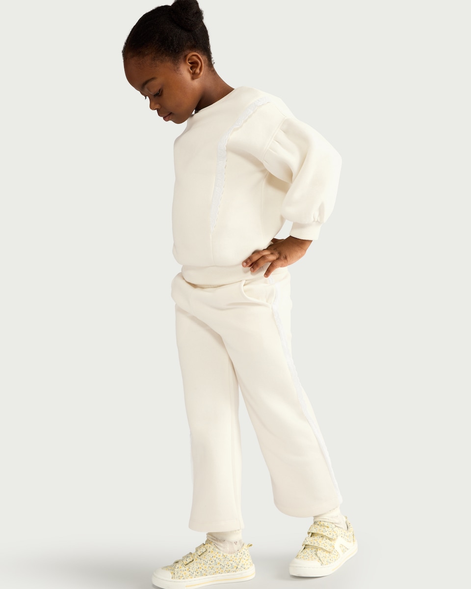 image 1 of F&F Girls 2-Piece Cotton Rich Lace Trim Sweatshirt and Joggers Set in Cream