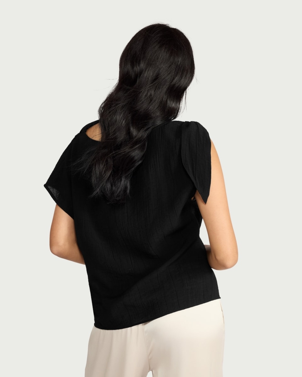 image 1 of F&F Textured Tie Shoulder Blouse in Black