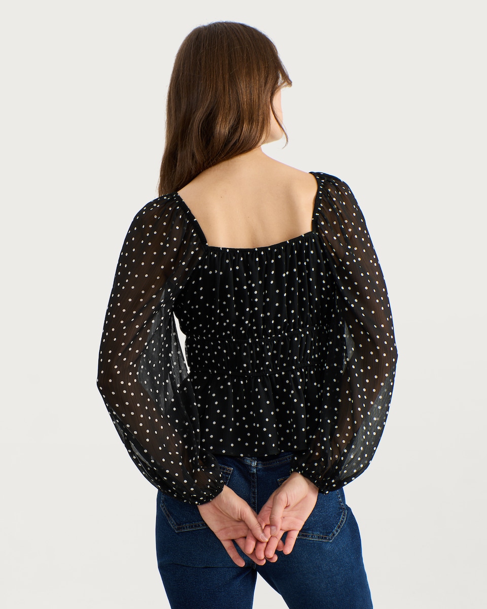 image 1 of F&F Shirred Polka Dot Print Blouse in Multi Black White